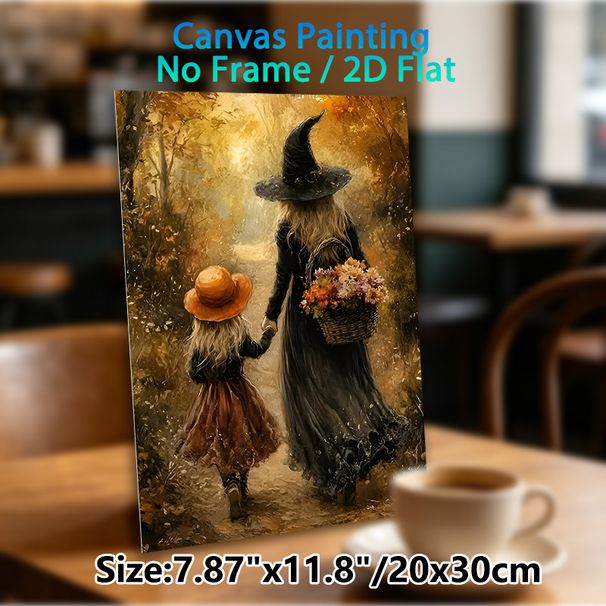 Autumn Witch Themed Painting Poster, Warm-toned Whimsical Forest Walk Scene Poster, Cozy Fall-inspired Artwork Ideal For Home Wall Decor And Halloween_maomaolike.com