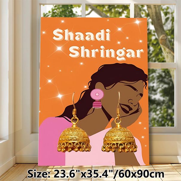 Indian Wedding Jewelry Painting Poster, Vibrant Ethnic Style Poster, Eye-catching Design With Golden Jhumka Earrings & Feminine Silhouette, Ideal For_maomaolike.com
