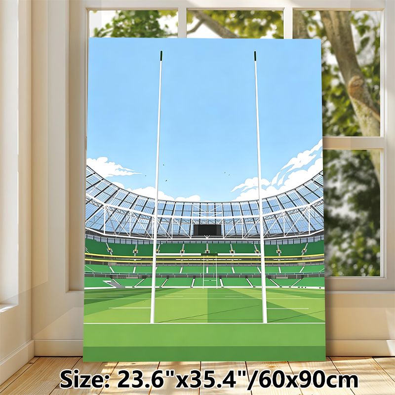 Rugby Stadium Themed Painting Poster, Vibrant Flat Graphic Style Rugby Stadium With Goalposts Poster, Sports-inspired Wall Decor Ideal For Home, Game_maomaolike.com