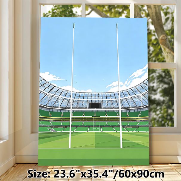 Rugby Stadium Themed Painting Poster, Vibrant Flat Graphic Style Rugby Stadium With Goalposts Poster, Sports-inspired Wall Decor Ideal For Home, Game_maomaolike.com