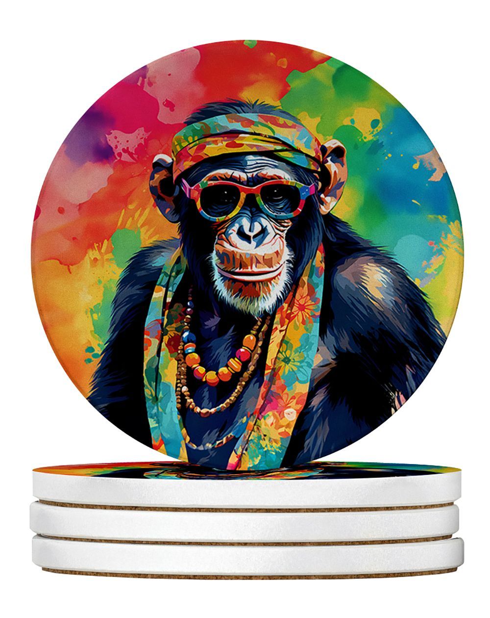 Hippie Animal Chimpanzee Large Sandstone Coasters Pack Of 4 Absorbent Round Coasters Decor Gifts For Men Or Women, 4 In, Multicolor_maomaolike.com