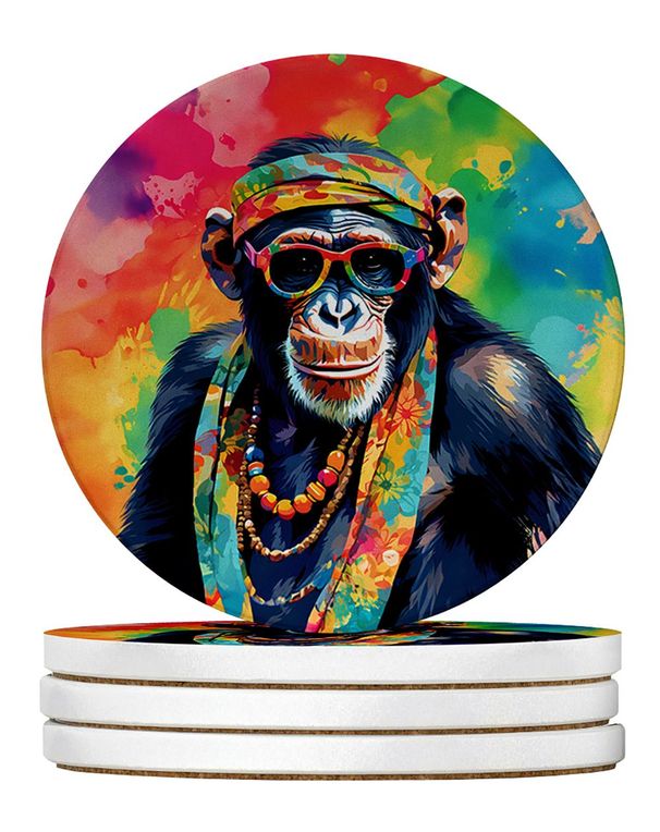 Hippie Animal Chimpanzee Large Sandstone Coasters Pack Of 4 Absorbent Round Coasters Decor Gifts For Men Or Women, 4 In, Multicolor_maomaolike.com