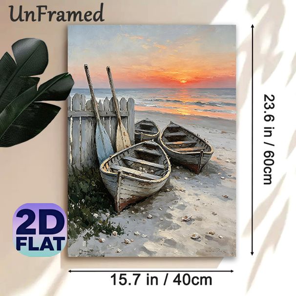 Sunset Beach Fishing Boat Painting Poster, Vintage Textured Coastal Scene Poster, Tranquil Seaside Artwork Suitable For Living Room, Bedroom And_maomaolike.com