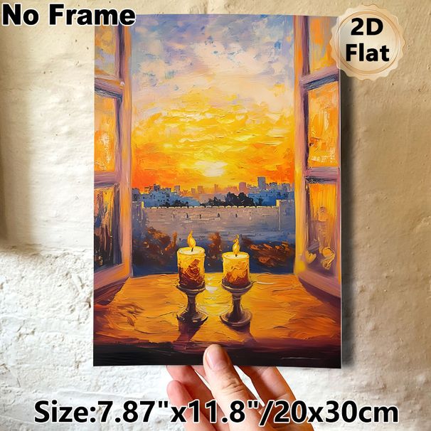 Candle & Sunset Cityscape Painting Poster, Rich Impasto Oil-style Poster, Warm Glowing Candles With Sunset City View Through Window, Creates Cozy_maomaolike.com