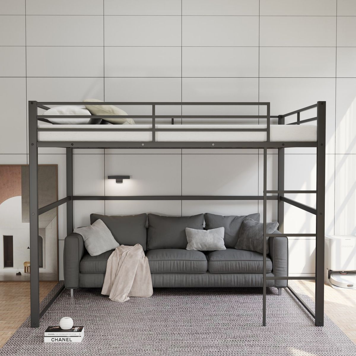 Metal Loft Bed Full Size, Loft Bed Frame With Safety Guard Rails & Flat Ladder, Twin Loft Bed For Kids Teens Adults, Black_maomaolike.com
