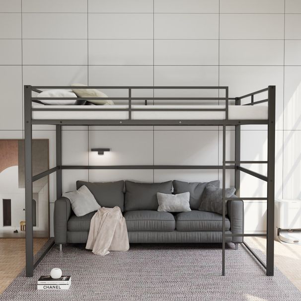 Metal Loft Bed Full Size, Loft Bed Frame With Safety Guard Rails & Flat Ladder, Twin Loft Bed For Kids Teens Adults, Black_maomaolike.com