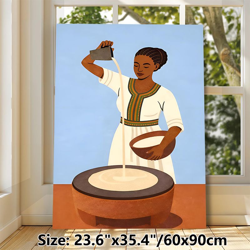 Ethnic Woman Making Traditional Food Painting Poster, Warm-toned Flat Illustration Poster, Cultural Art Decor Suitable For Home And Dining Room_maomaolike.com