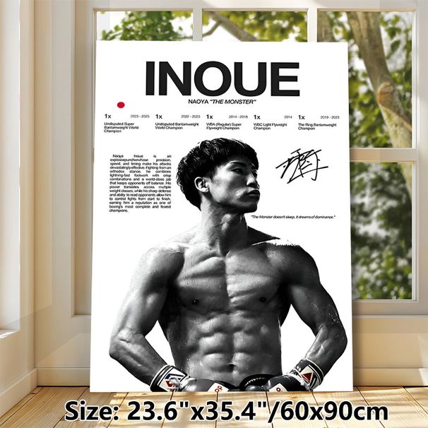 Boxer Naoya Inoue Painting Poster, Monochrome Stylized Athlete Portrait Poster, Showcases Championship Honors & Fighter Profile, Ideal For Gym, Home_maomaolike.com