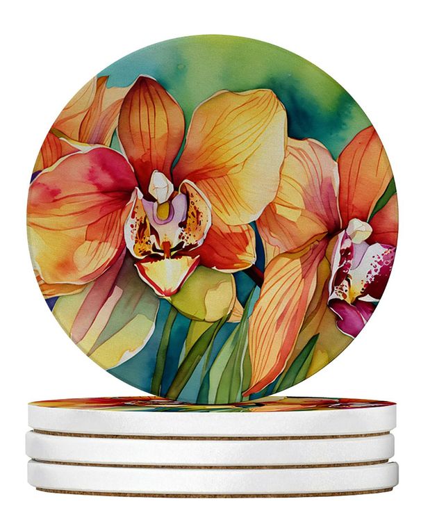 Orchids In Watercolor Large Sandstone Coasters Pack Of 4 Absorbent Round Coasters Decor Gifts For Men Or Women, 4 In, Multicolor_maomaolike.com