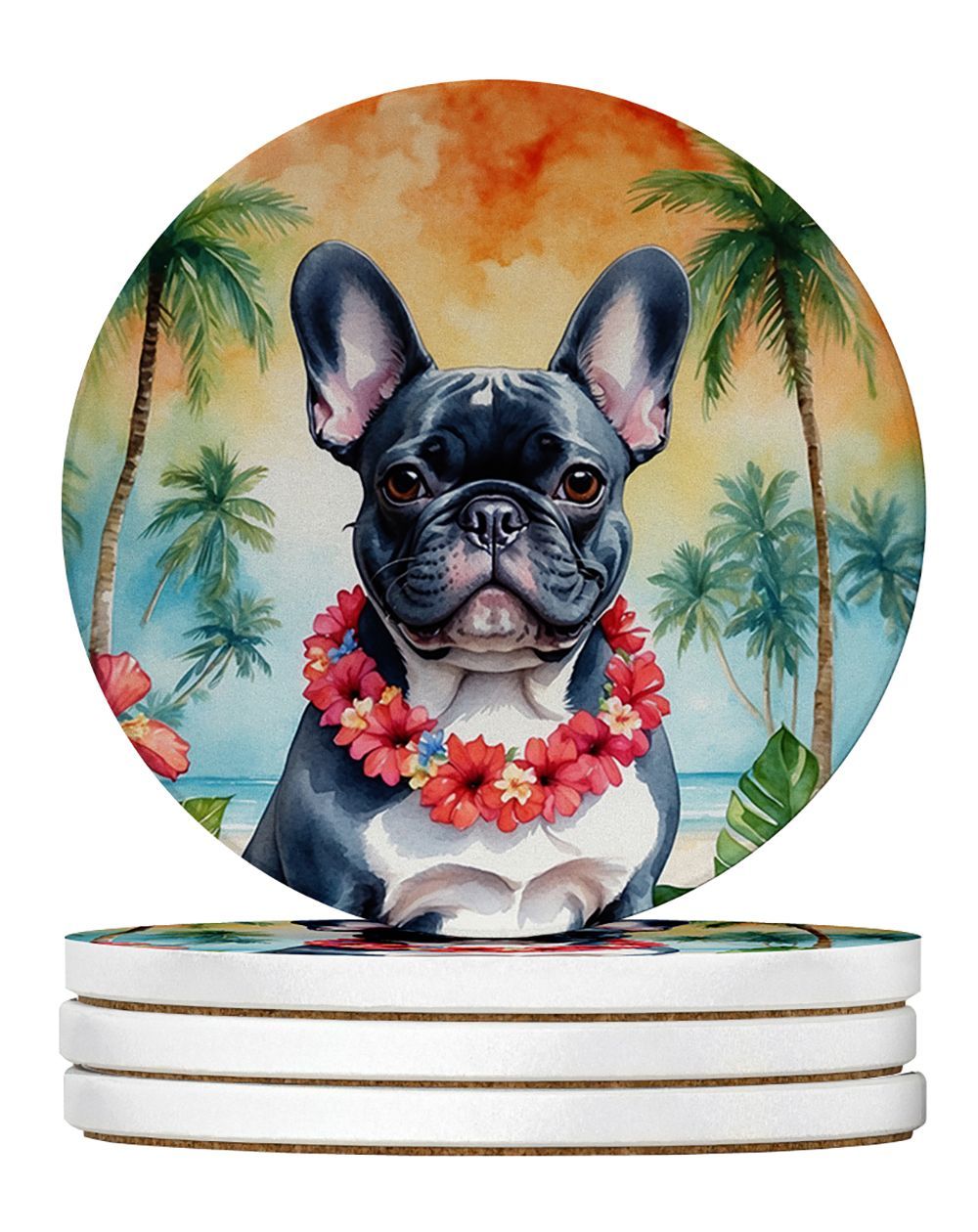 French Bulldog Luau Large Sandstone Coasters Pack Of 4 Absorbent Round Coasters Decor Gifts For Men Or Women, 4 In, Multicolor_maomaolike.com