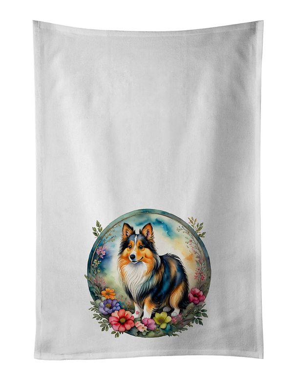 Sheltie And Flowers Kitchen Towel Set Of 2 White Dish Towels Decorative Bathroom Hand Towel For Hand, Face, Hair, Yoga, Tea, Dishcloth, 19 X 28", White_maomaolike.com