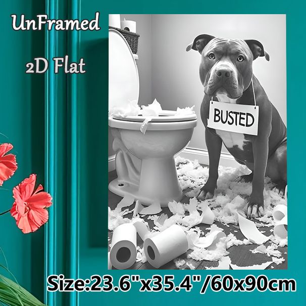 Naughty Dog Themed Painting Poster, Monochrome Humorous Dog Mischief Scene Poster, Playful Relatable Design Ideal For Bathroom And Home Wall Decor_maomaolike.com