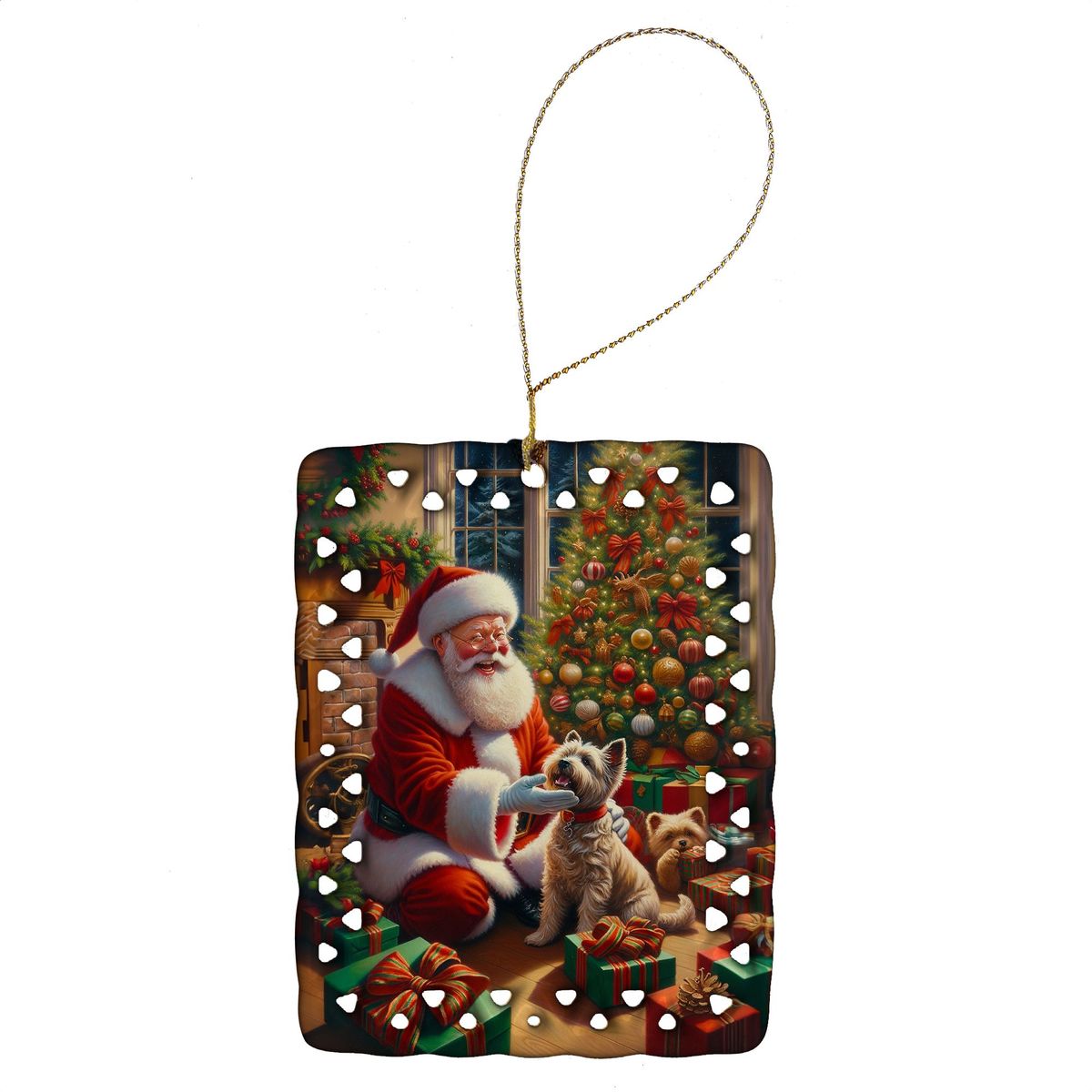 Cairn Terrier And Santa Claus Porcelain Ornament Christmas Tree Hanging Decorations For Home Christmas Holiday, Rectangle, Gift, Multicolor_maomaolike.com