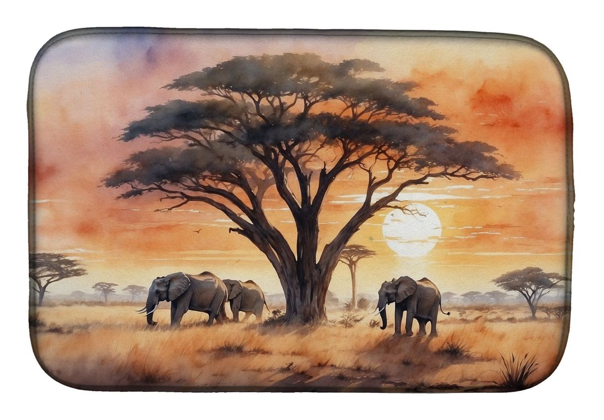 Elephants Savanna Sunrise Dish Drying Mat Absorbent Dish Drying Mat Pad For Kitchen Counter Dish Drainer Mat For Countertop, 14 X 21", Multicolor_maomaolike.com