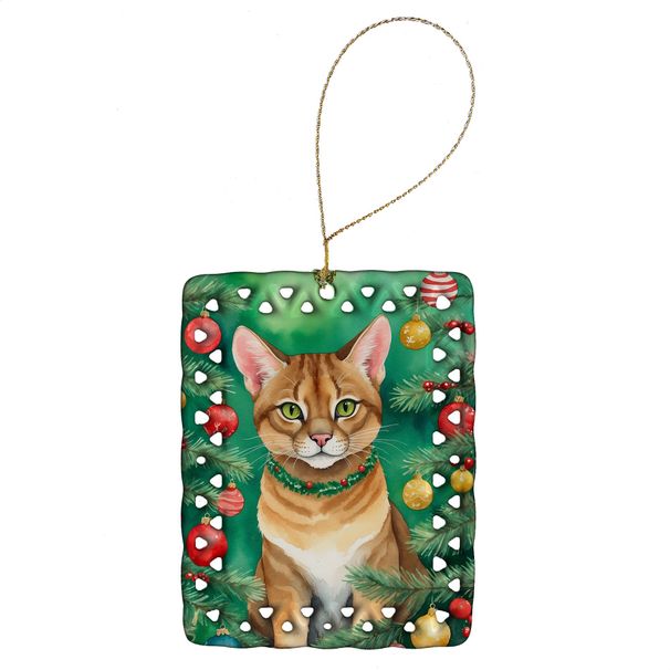 Chausie Cat By The Christmas Tree Porcelain Ornament Christmas Tree Hanging Decorations For Home Christmas Holiday, Rectangle, Gift, Multicolor_maomaolike.com