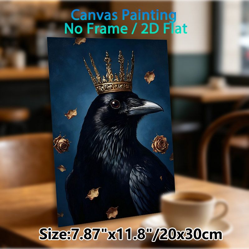 Crown Raven Painting Poster, Mysterious Realistic Dark Art Poster, Glossy Black Raven With Ornate Golden Crown, Dried Roses & Leaves, Elegant Gothic_maomaolike.com