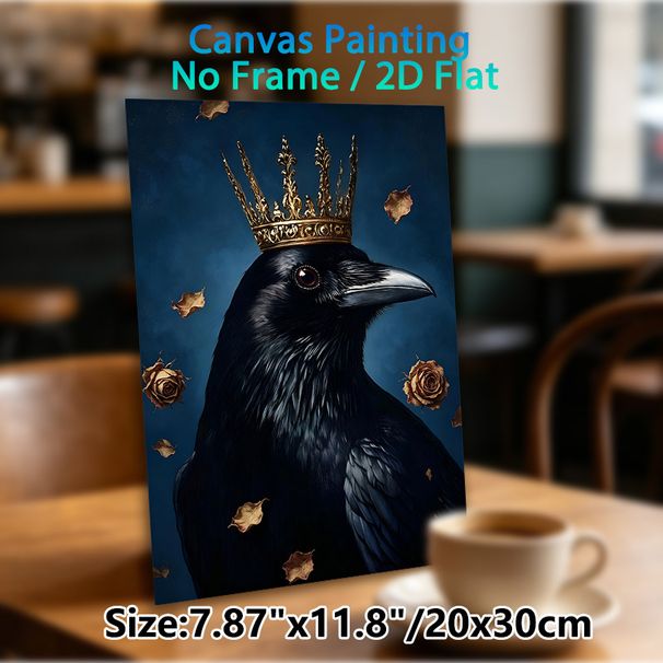 Crown Raven Painting Poster, Mysterious Realistic Dark Art Poster, Glossy Black Raven With Ornate Golden Crown, Dried Roses & Leaves, Elegant Gothic_maomaolike.com