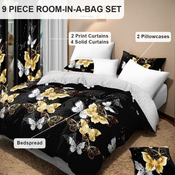 9 Piece Soft All-Season Washed Microfiber Cover Set , Twin/Queen/King/Calking Bedding Set With Pillowcases,Bedspread Print Curtains & Solid Curtains,Print, Moisture-Wicking, Soft ,Cooling, Easy Care_maomaolike.com