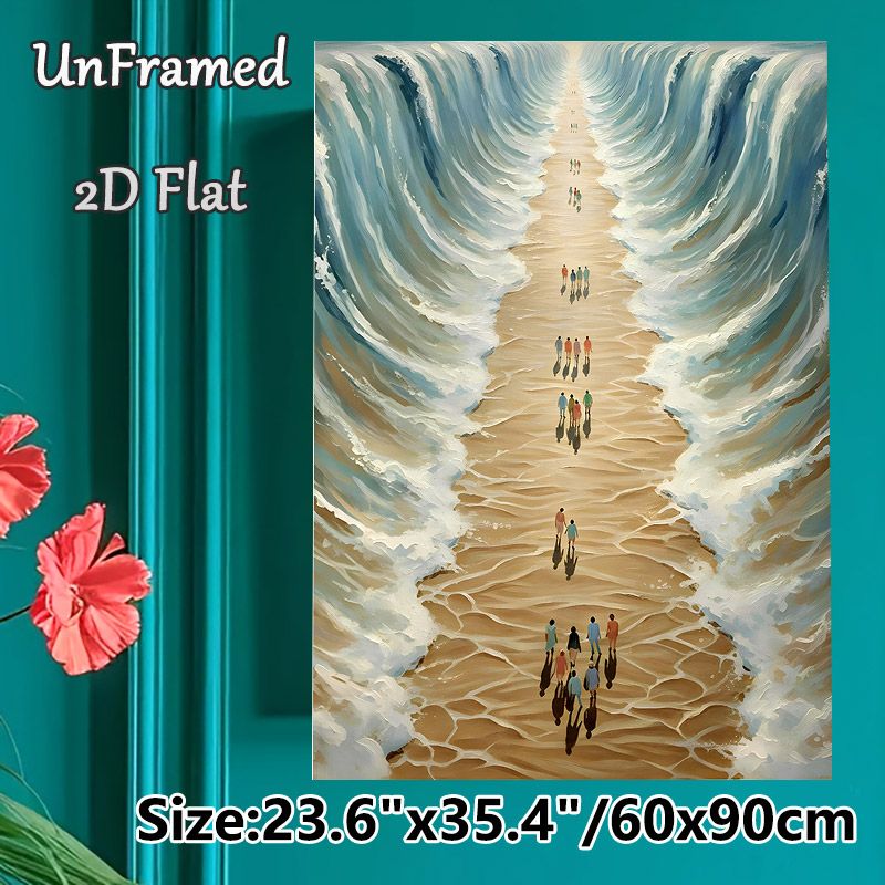 Surreal Parting Sea & Walking Crowd Painting Poster, Textured Brushstroke Surreal Scene Poster, Unique Artistic Decor Ideal For Living Room, Office_maomaolike.com