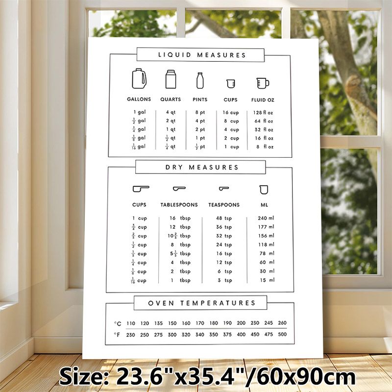 Baking Measurement Conversion Painting Poster, Minimalist Line Style Poster, Practical Reference For Liquid & Dry Measures, Oven Temperature_maomaolike.com