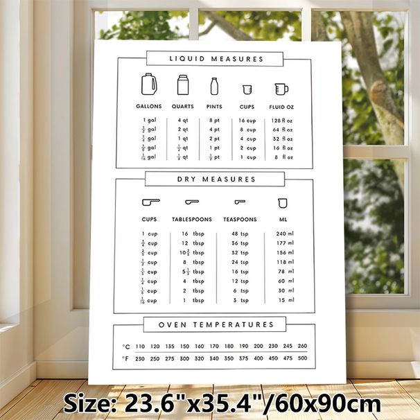 Baking Measurement Conversion Painting Poster, Minimalist Line Style Poster, Practical Reference For Liquid & Dry Measures, Oven Temperature_maomaolike.com