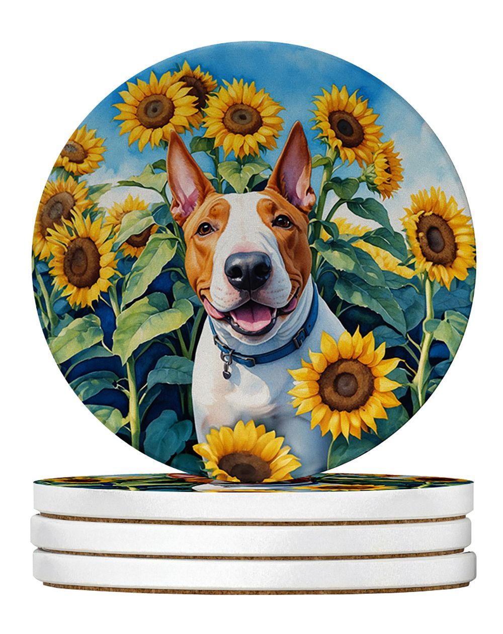 English Bull Terrier In Sunflowers Large Sandstone Coasters Pack Of 4 Absorbent Round Coasters Decor Gifts For Men Or Women, 4 In, Multicolor_maomaolike.com