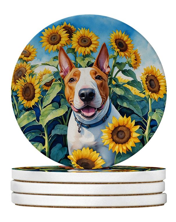 English Bull Terrier In Sunflowers Large Sandstone Coasters Pack Of 4 Absorbent Round Coasters Decor Gifts For Men Or Women, 4 In, Multicolor_maomaolike.com