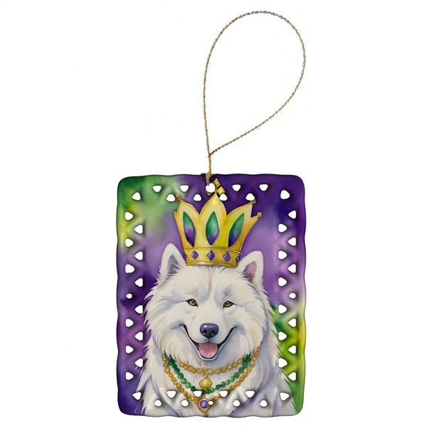 Samoyed King Of Mardi Gras Porcelain Ornament Christmas Tree Hanging Decorations For Home Christmas Holiday, Rectangle, Gift, Multicolor_maomaolike.com