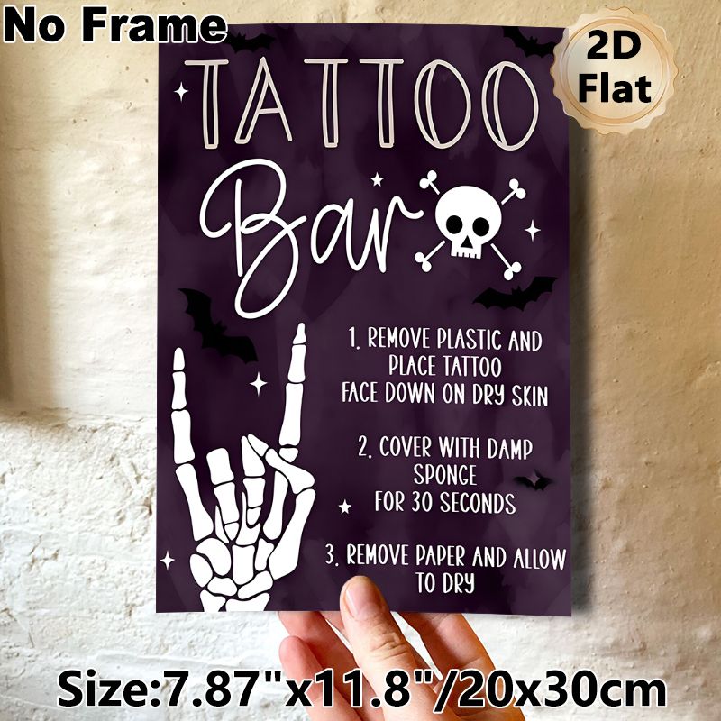 Halloween Tattoo Bar Painting Poster, Dark Purple Watercolor-style Poster, Features Clear Temporary Tattoo Application Steps, Suitable For Halloween_maomaolike.com