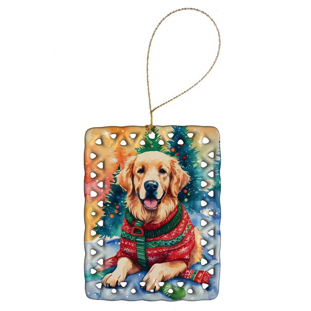 Golden Retriever Christmas Porcelain Ornament Christmas Tree Hanging Decorations For Home Christmas Holiday, Rectangle, Gift, Multicolor_maomaolike.com