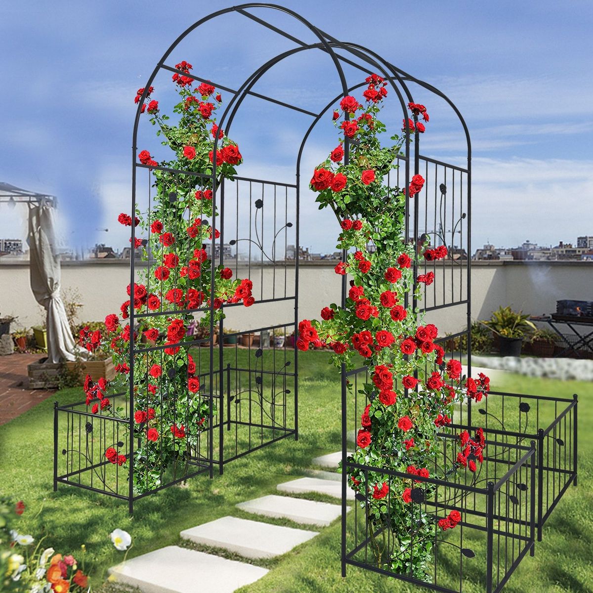 Metal Garden Arch With Plant Pot Garden Arbor Trellis Climbing Plants Support Rose Arch Black_maomaolike.com