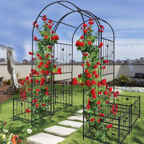 Metal Garden Arch With Plant Pot Garden Arbor Trellis Climbing Plants Support Rose Arch Black_maomaolike.com