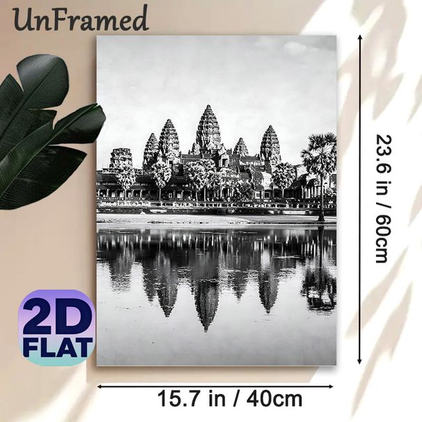 Angkor Wat Themed Painting Poster, Vintage Monochrome Historic Temple With Water Reflection Poster, Brings Cultural Sophistication To Living Room_maomaolike.com