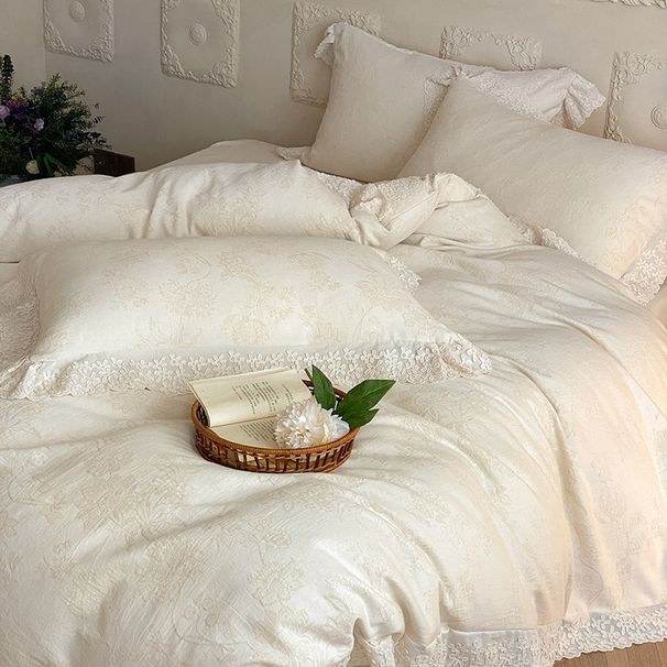 French Style Soft Cotton Linen Four-Piece Set Simple Jacquard Duvet Cover Lace Edge Skin-Friendly Breathable Dry 1.8m Bedding_maomaolike.com