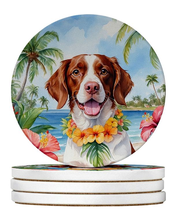 Brittany Spaniel Luau Large Sandstone Coasters Pack Of 4 Absorbent Round Coasters Decor Gifts For Men Or Women, 4 In, Multicolor_maomaolike.com