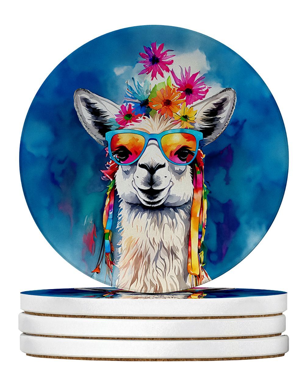 Hippie Animal Llama Large Sandstone Coasters Pack Of 4 Absorbent Round Coasters Decor Gifts For Men Or Women, 4 In, Multicolor_maomaolike.com