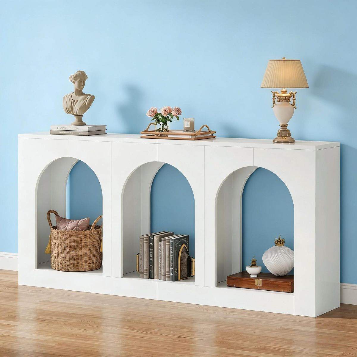Arched Entryway Table, Wood Console Table With 3 Arched Shelves_maomaolike.com