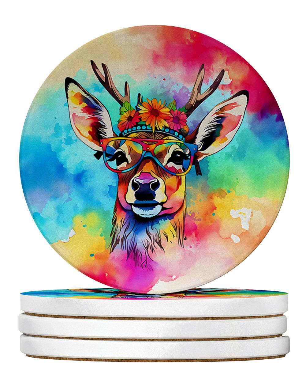 Hippie Animal Deer Large Sandstone Coasters Pack Of 4 Absorbent Round Coasters Decor Gifts For Men Or Women, 4 In, Multicolor_maomaolike.com