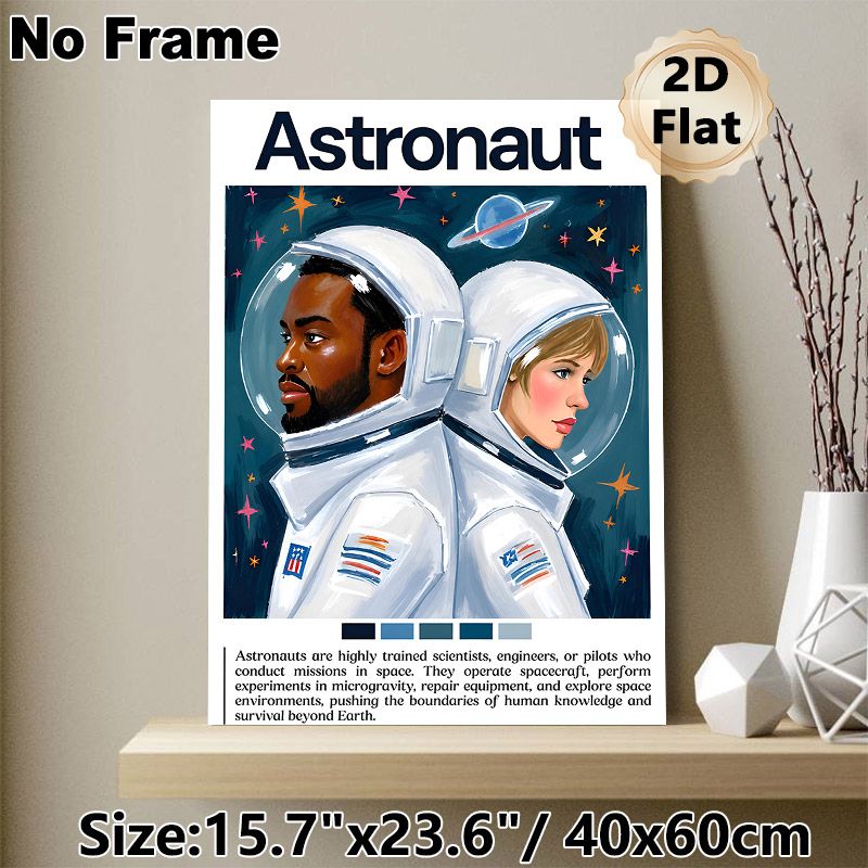 Astronaut Themed Painting Poster, Vibrant Retro-style Dual Astronauts In Cosmic Scene Poster, Eye-catching Space-inspired Decor Ideal For Bedroom_maomaolike.com