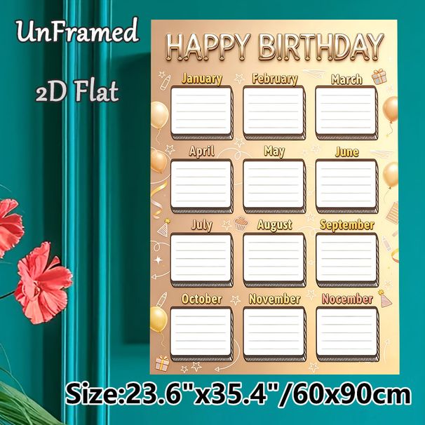 Birthday Tracker Painting Poster, Warm-toned Festive Birthday-themed Poster, Monthly Blank Frames With Party Accents To Record Birthday Dates, Ideal_maomaolike.com