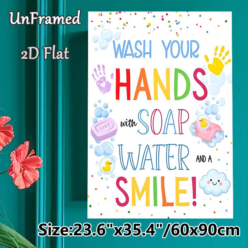 Hand Washing Reminder Painting Poster, Vibrant Cartoon-style Poster, Cheerful Hygiene Reminder With Bubbles, Soap And Rubber Ducks, Ideal For Bathroom_maomaolike.com