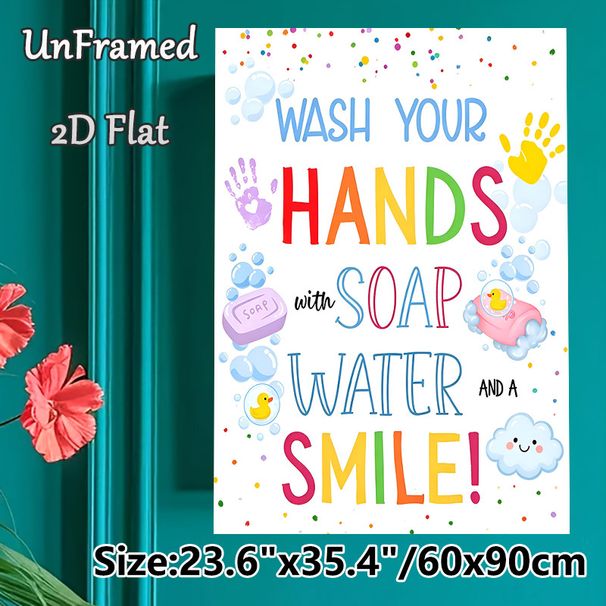 Hand Washing Reminder Painting Poster, Vibrant Cartoon-style Poster, Cheerful Hygiene Reminder With Bubbles, Soap And Rubber Ducks, Ideal For Bathroom_maomaolike.com