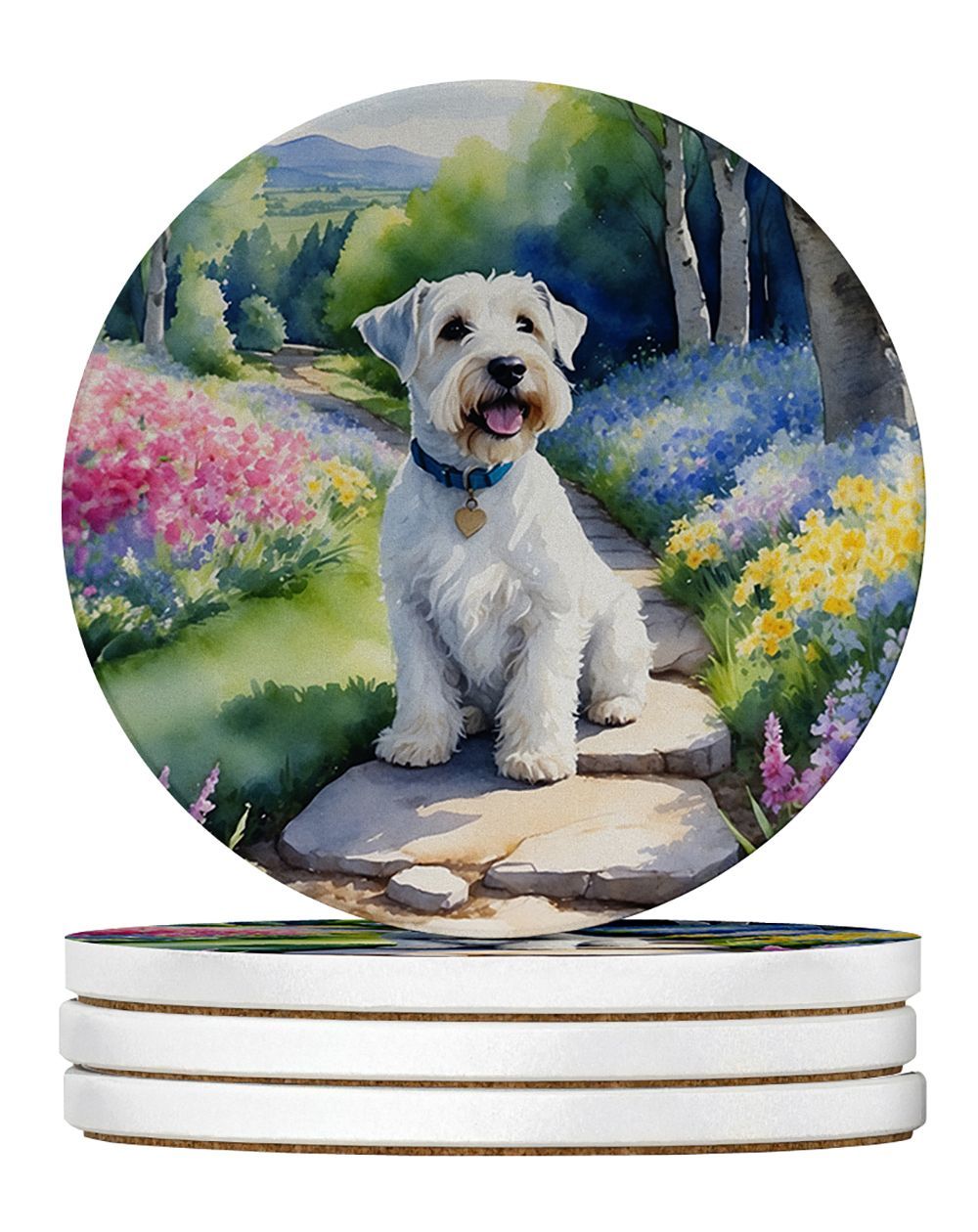 Sealyham Terrier Spring Path Large Sandstone Coasters Pack Of 4 Absorbent Round Coasters Decor Gifts For Men Or Women, 4 In, Multicolor_maomaolike.com