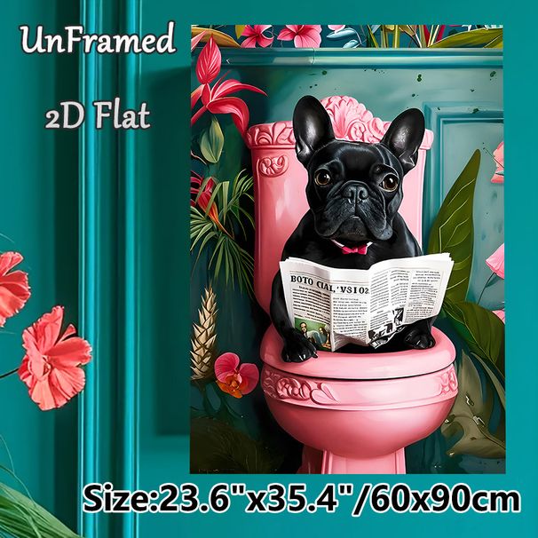 French Bulldog On Toilet Painting Poster, Vibrant Tropical Style Poster, Whimsical Black Bulldog Reading Newspaper Design, Playful Decorative Piece_maomaolike.com
