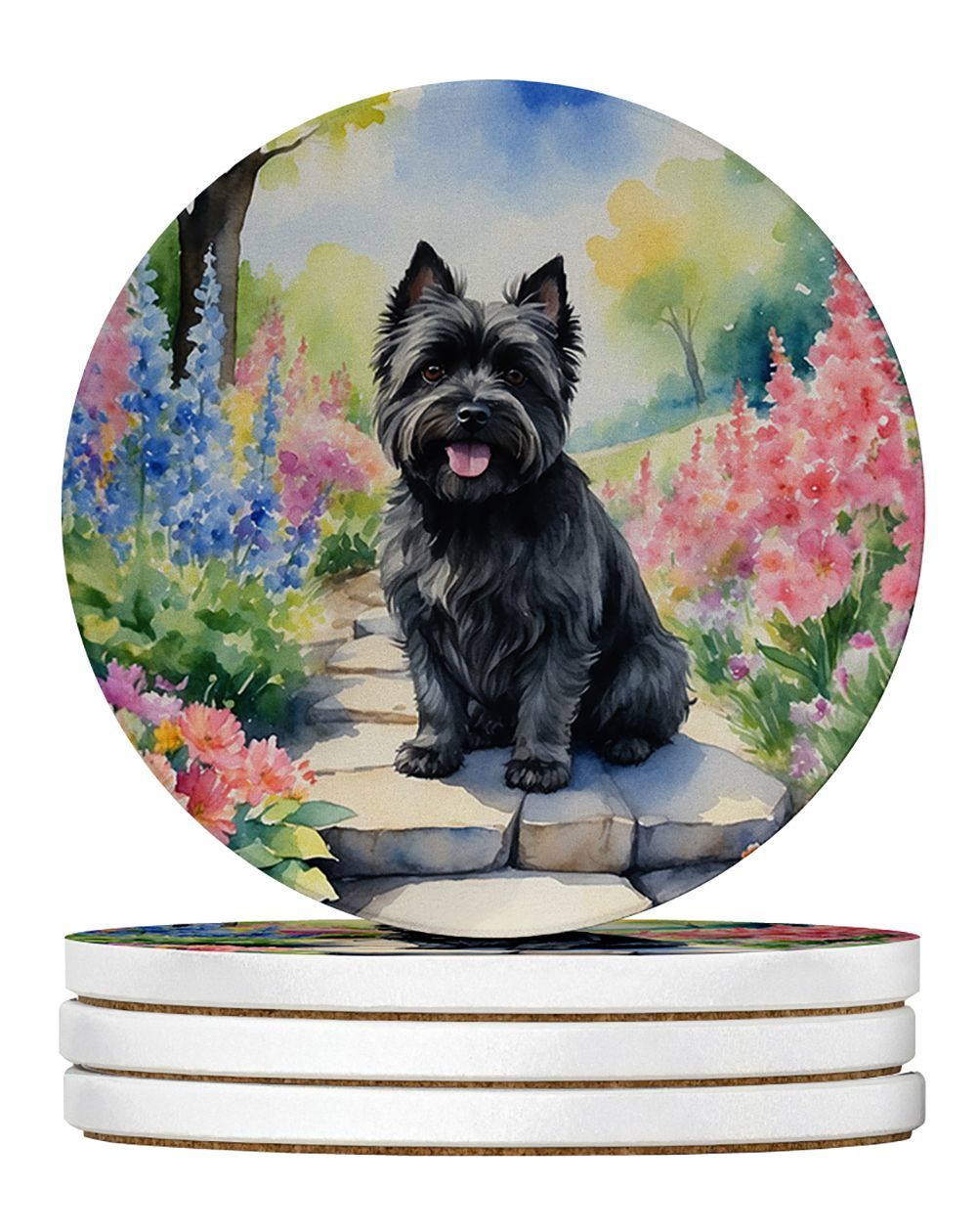 Cairn Terrier Spring Path Large Sandstone Coasters Pack Of 4 Absorbent Round Coasters Decor Gifts For Men Or Women, 4 In, Multicolor_maomaolike.com