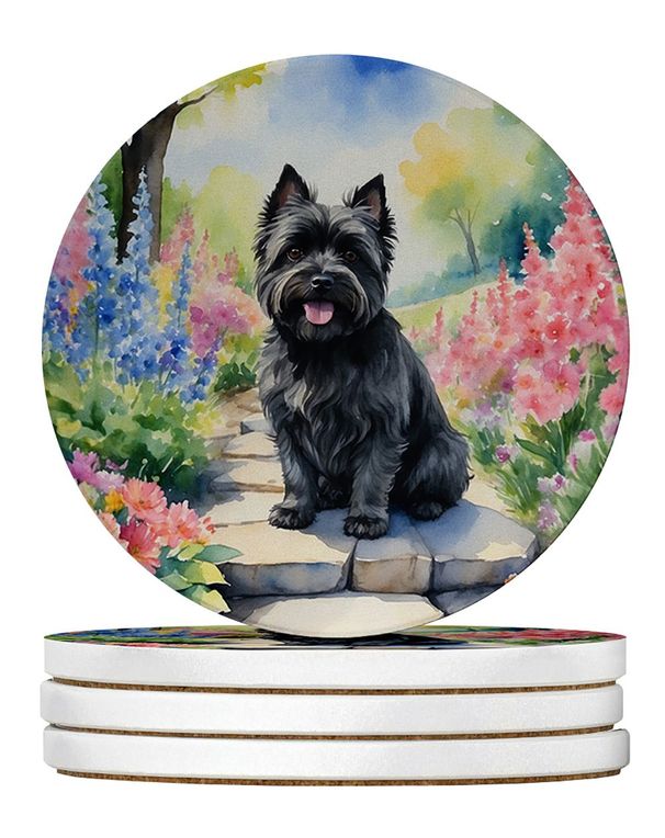 Cairn Terrier Spring Path Large Sandstone Coasters Pack Of 4 Absorbent Round Coasters Decor Gifts For Men Or Women, 4 In, Multicolor_maomaolike.com