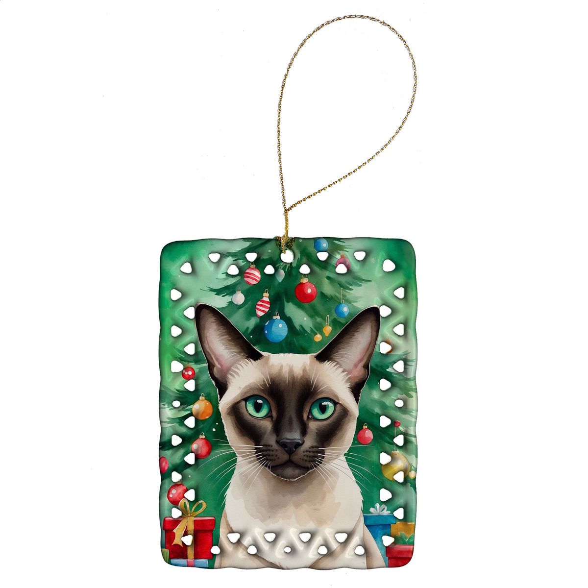 Colorpoint Shorthair Cat By The Christmas Tree Porcelain Ornament Christmas Tree Hanging Decorations For Home Christmas Holiday, Rectangle, Gift, Multicolor_maomaolike.com