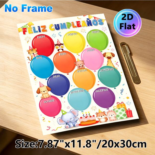 Spanish Birthday Calendar Painting Poster, Colorful Cute Cartoon Animal & Balloon Poster, Ideal For Tracking Monthly Birthdays, Suitable For Office_maomaolike.com