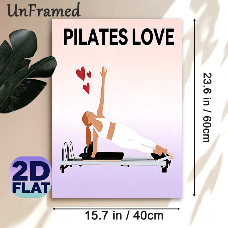Pilates Themed Painting Poster, Soft-toned Minimalist Woman Doing Pilates On Reformer With Hearts Poster, Fitness-inspired Decor Ideal For Home Gym Or_maomaolike.com