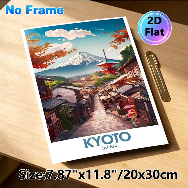Kyoto Japan Landscape Painting Poster, Vibrant Autumn Foliage & Traditional Street With Mount Fuji Poster, Captivating Japanese Scenery Decor For_maomaolike.com
